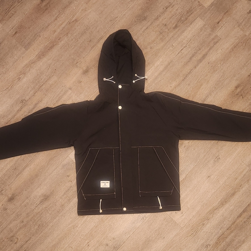 Black Hooded Jacket with White Accents